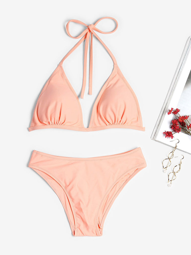 Halter Lace-Up Wireless Sleeveless Pink Bikinis