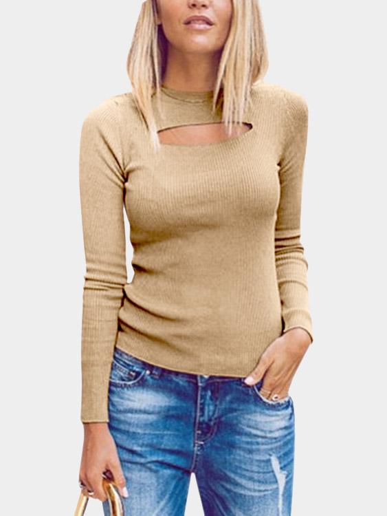Knitted Round Neck Hollow Front Design Bottoming T-Shirt