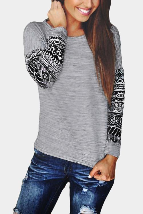 Round Neck Printed Long Sleeve Grey T-Shirts