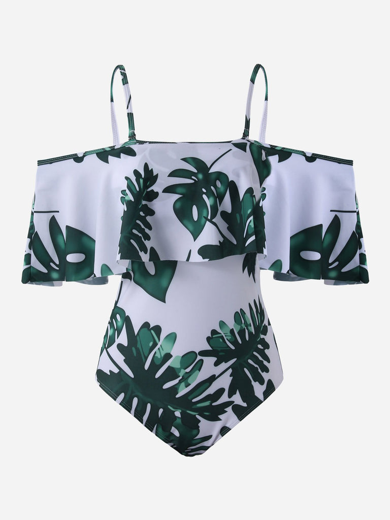 Cold Shoulder Short Sleeve Printed Flounced Hem One-Pieces Swimwear