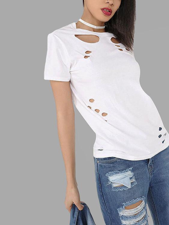 Cut Out Short Sleeve White T-Shirts