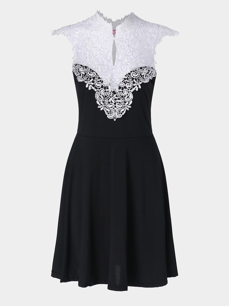 Black V-Neck Sleeveless Plain Lace Zip Back Hollow Midi Dress