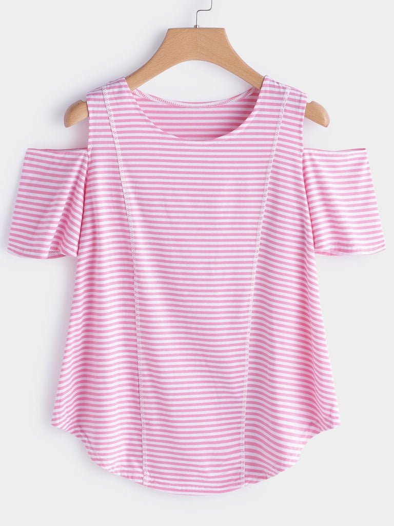Crew Neck Cold Shoulder Stripe Short Sleeve Curved Hem Pink T-Shirts