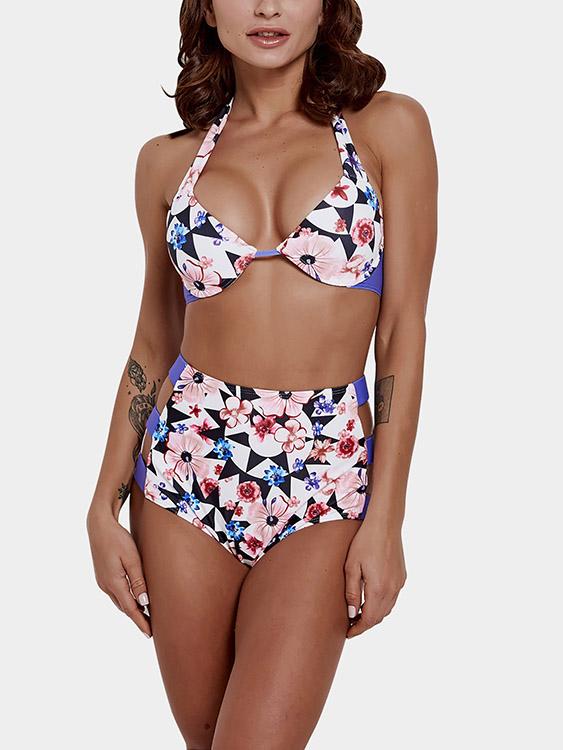 Purple Halter Sleeveless Floral Print Cut Out Tie-Up High-Waisted Bikini Suits