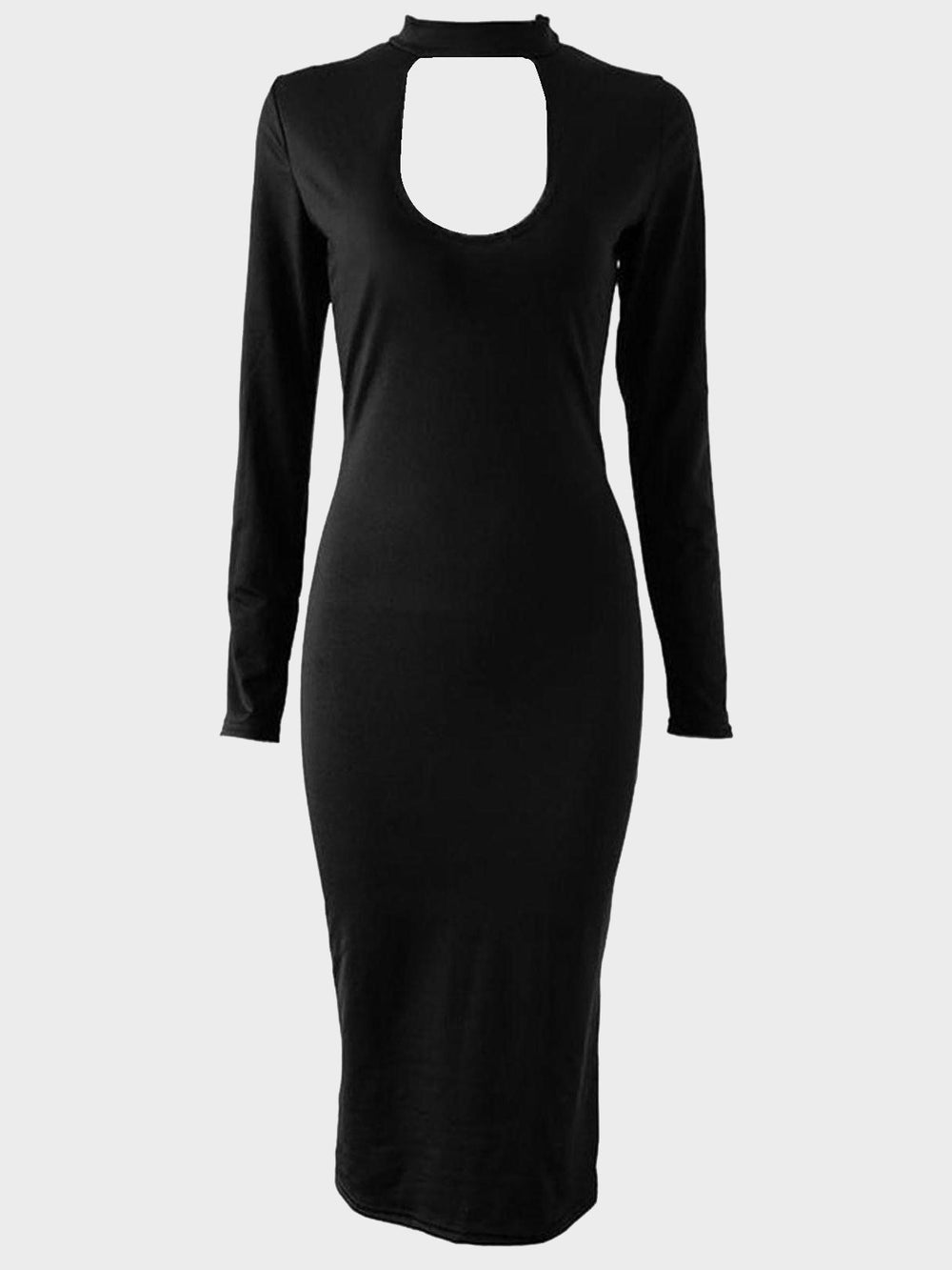 Black Perkins Collar Long Sleeve Plain Cut Out Dresses