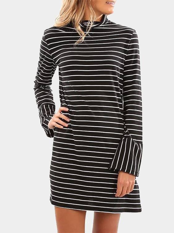 Black Long Sleeve Stripe Casual Dresses