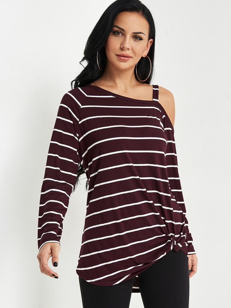 One Shoulder Cut Out Twist Long Sleeve Burgundy Top