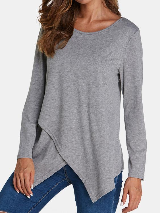 Round Neck Crossed Front Long Sleeve Irregular Hem T-Shirts