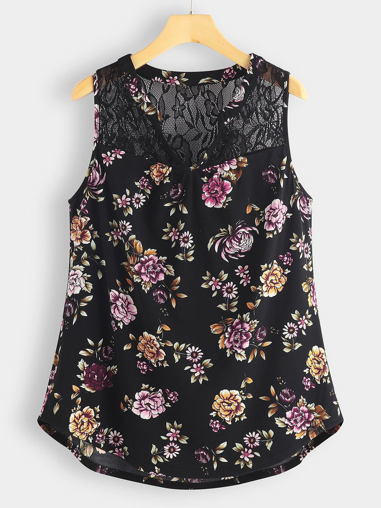 V-Neck Floral Print Lace Sleeveless Black Plus Size Tops