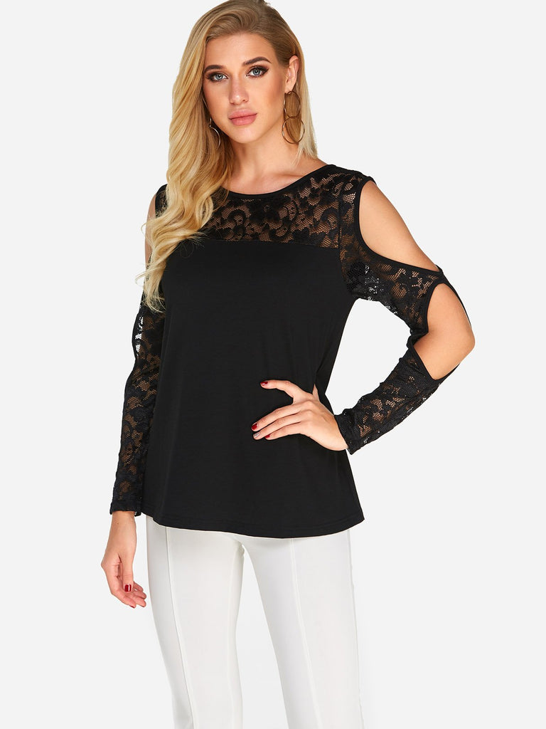 Round Neck Lace Cut Out Long Sleeve Black T-Shirt