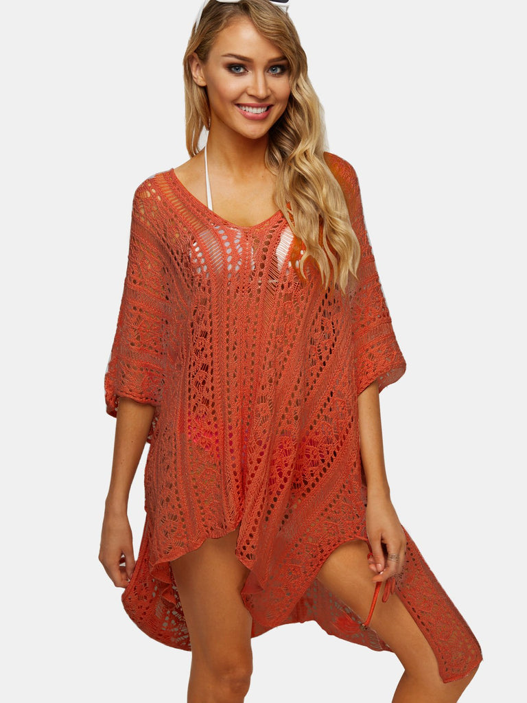 Rust Deep V-Neck Tassel Hollow Lace-Up Slit Hem Beachwear