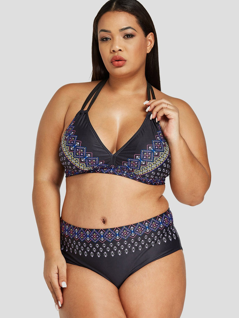 Halter Tribal Print Lace-Up Sleeveless Plus Size Swimwear