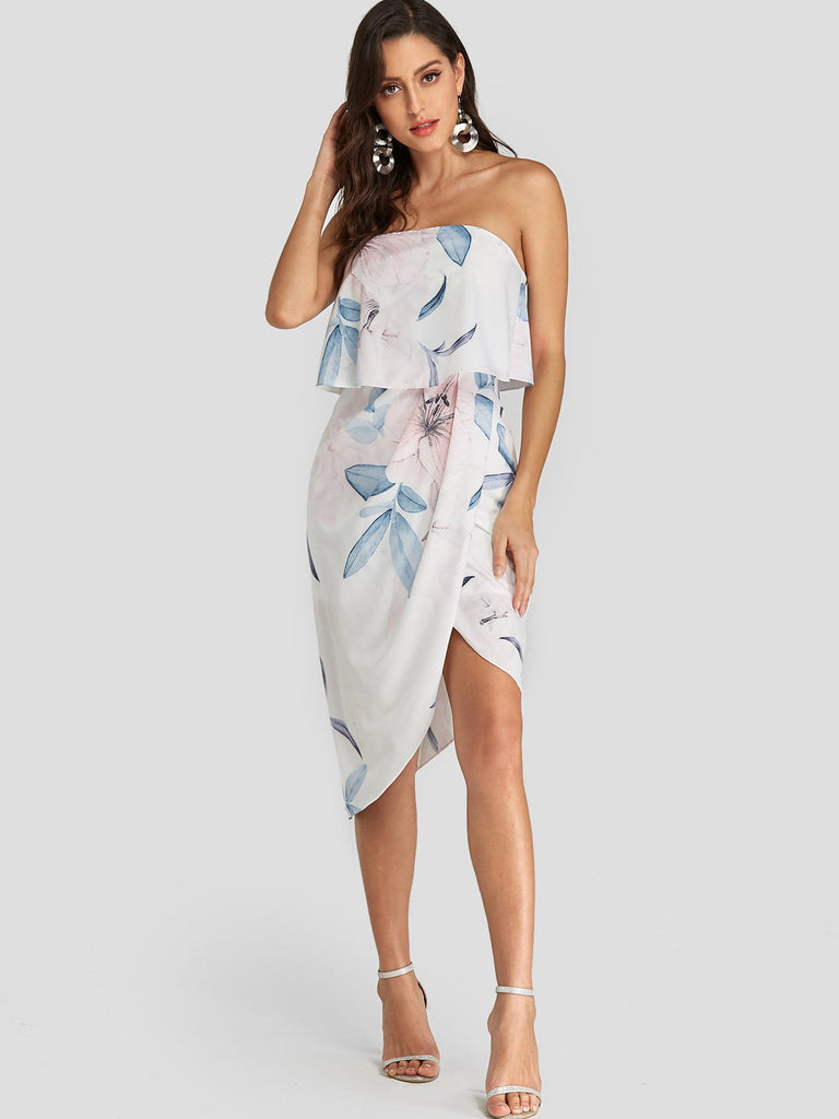 White Strapless Sleeveless Floral Print Crossed Front Backless Irregular Hem Dresses