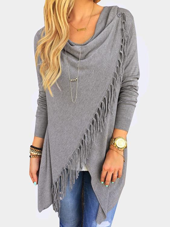 Round Neck Tassel Long Sleeve Tassel Hem Grey Top