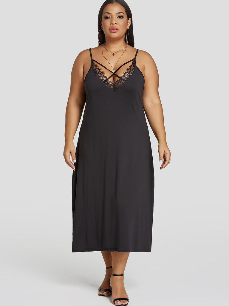 V-Neck Plain Lace Spaghetti Strap Criss-Cross Sleeveless Black Plus Size Dress