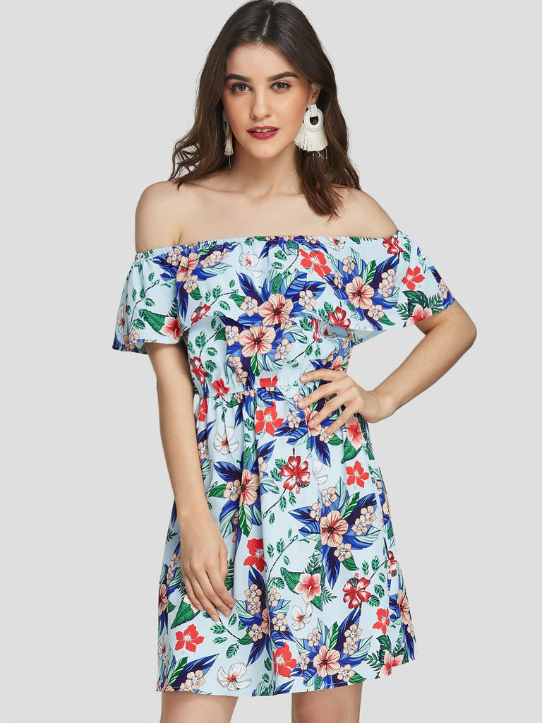 Blue Off The Shoulder Floral Print Backless Mini Dresses