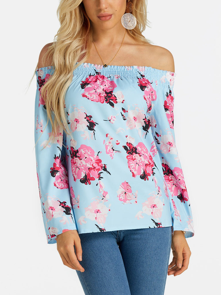 Off The Shoulder Floral Print Long Sleeve Blue Blouses
