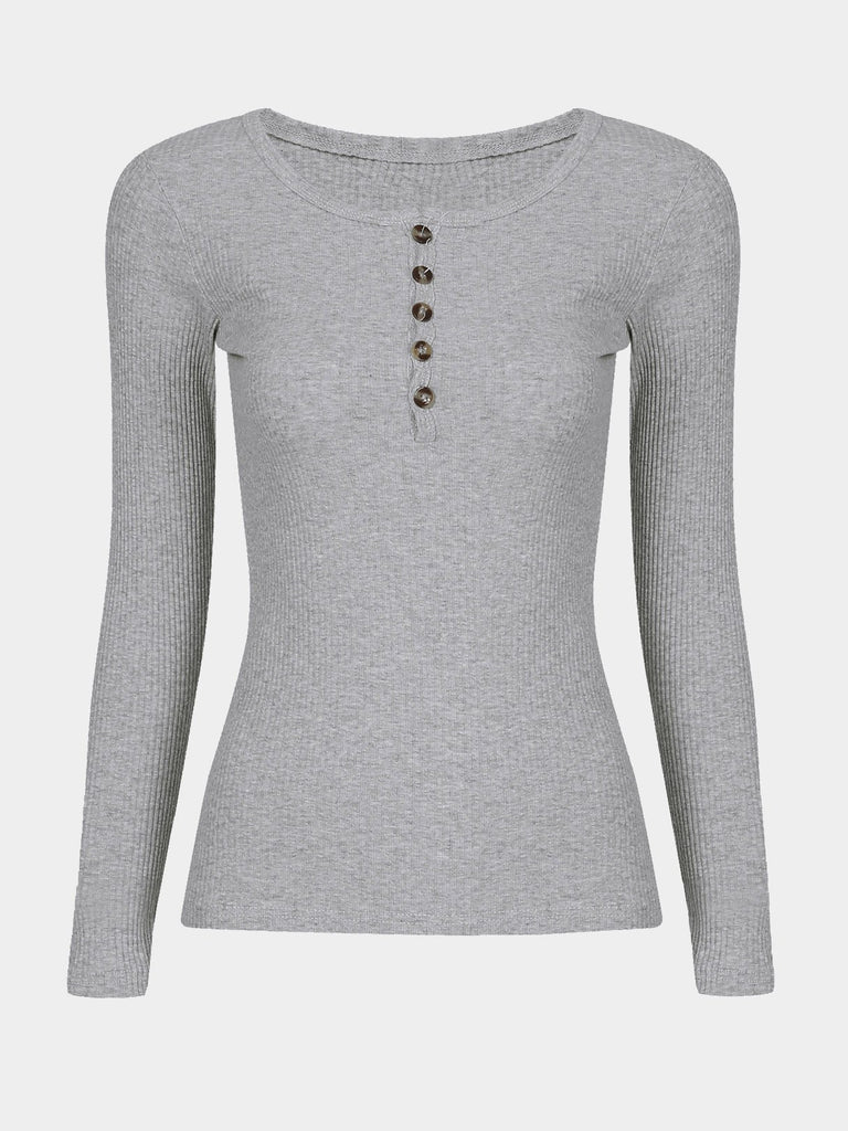Long Sleeves Button Course Round Neck T-Shirt