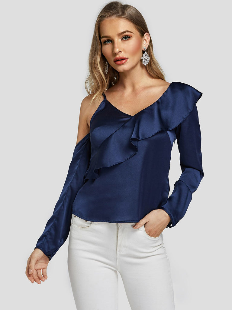 V-Neck Asymmetrical Cold Shoulder Cut Out Spaghetti Strap Long Sleeve Royal Blouses