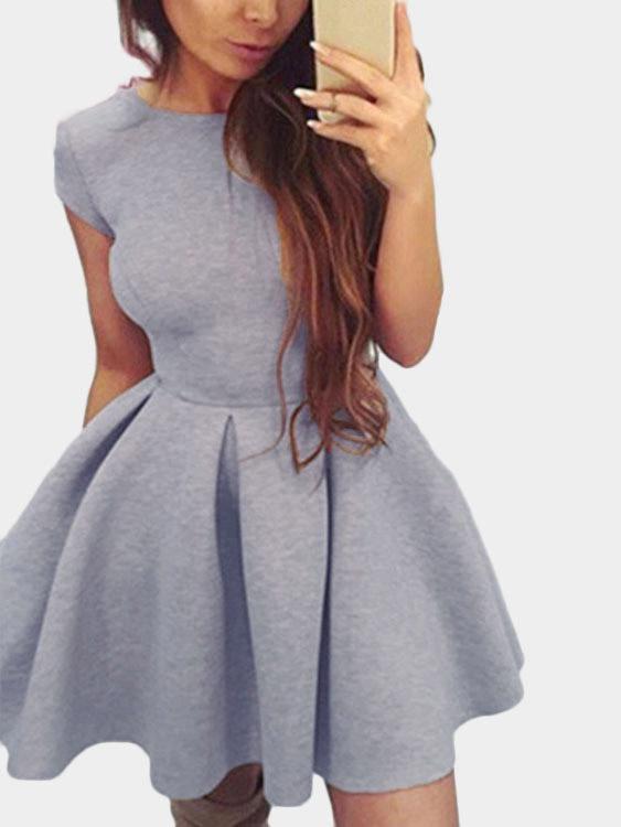 Grey Round Neck Short Sleeve Backless Lace-Up Flounced Hem Mini Dress