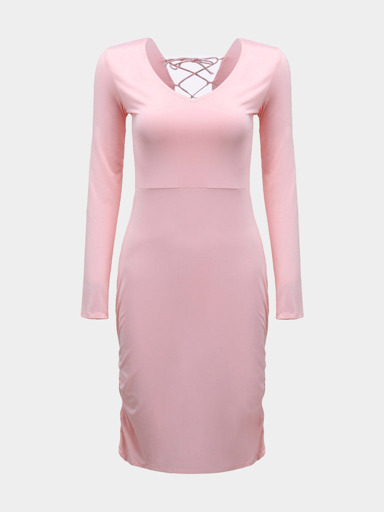 Pink V-Neck Long Sleeve Plain Zip Back Hollow Lace-Up Pleated Midi Dress
