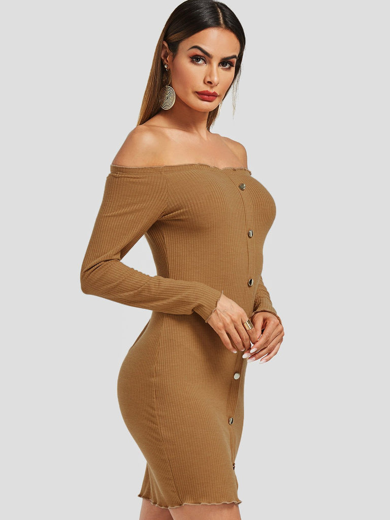 Ladies Camel Off The Shoulder Dresses