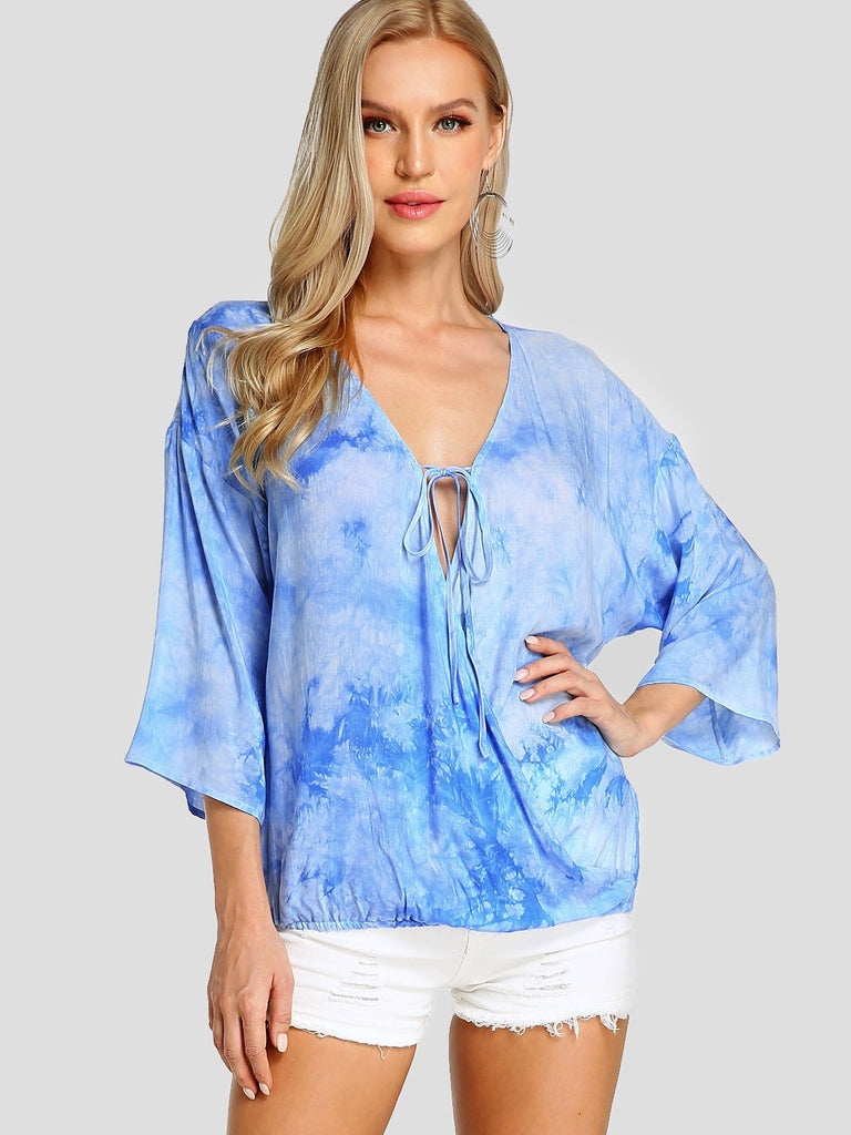 Deep V Neck Crossed Front Lace-Up 3/4 Sleeve Blue Blouses