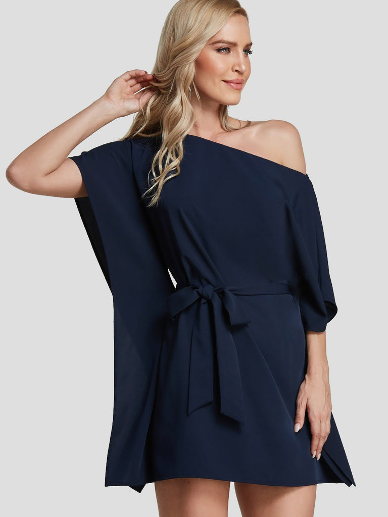 Navy One Shoulder Short Sleeve Self-Tie Mini Dresses