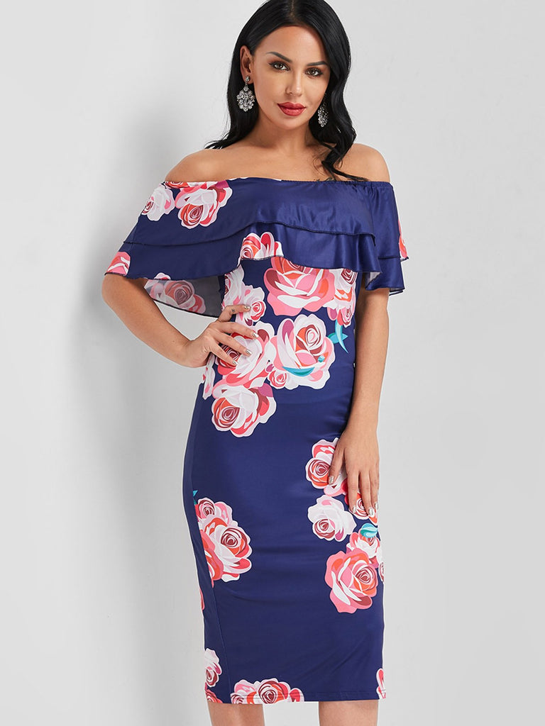 Off The Shoulder Sleeveless Floral Print Backless Dresses