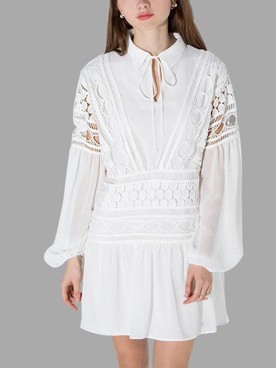 White Long Sleeve Plain Lace Mini Dress