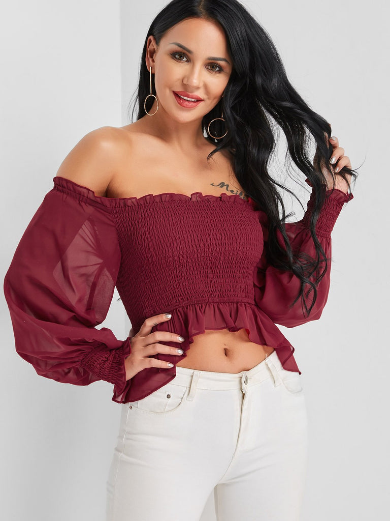 Off The Shoulder Long Sleeve Ruffle Hem Burgundy Blouses