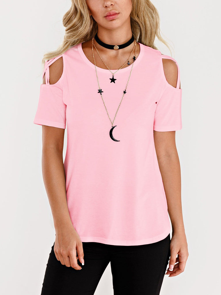 Round Neck Cold Shoulder Cut Out Short Sleeve Curved Hem Pink T-Shirts