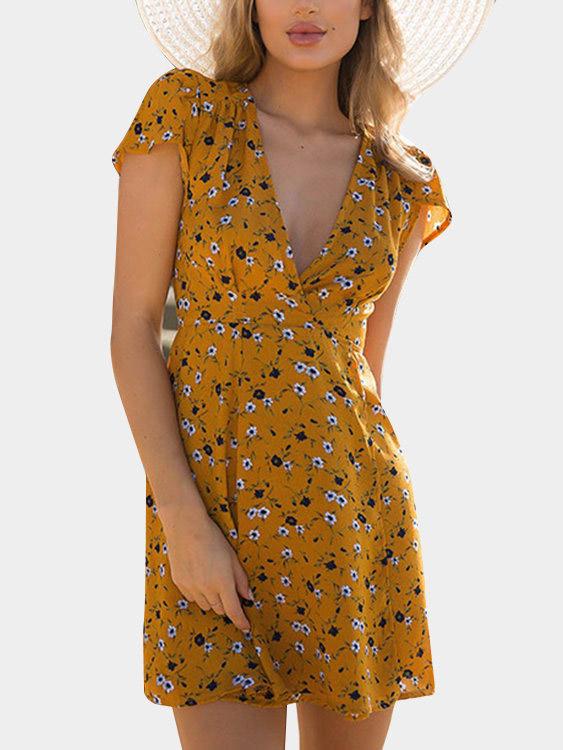 Yellow Deep V Neck Short Sleeve Floral Print Calico Lace-Up Slit Hem Mini Dress
