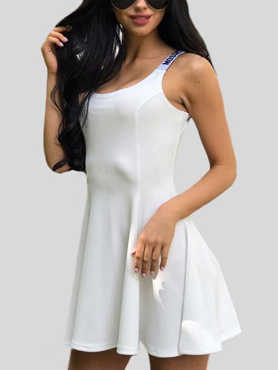 White Sleeveless Plain Spaghetti Strap Ruffle Hem Mini Dress