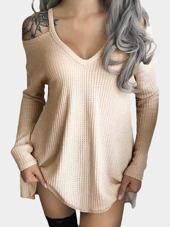 V-Neck Plain Long Sleeve Beige Top