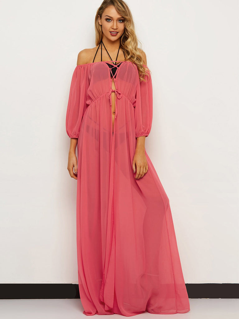 Off The Shoulder Long Sleeve Plain Lace-Up Semi Sheer Beach Dresses