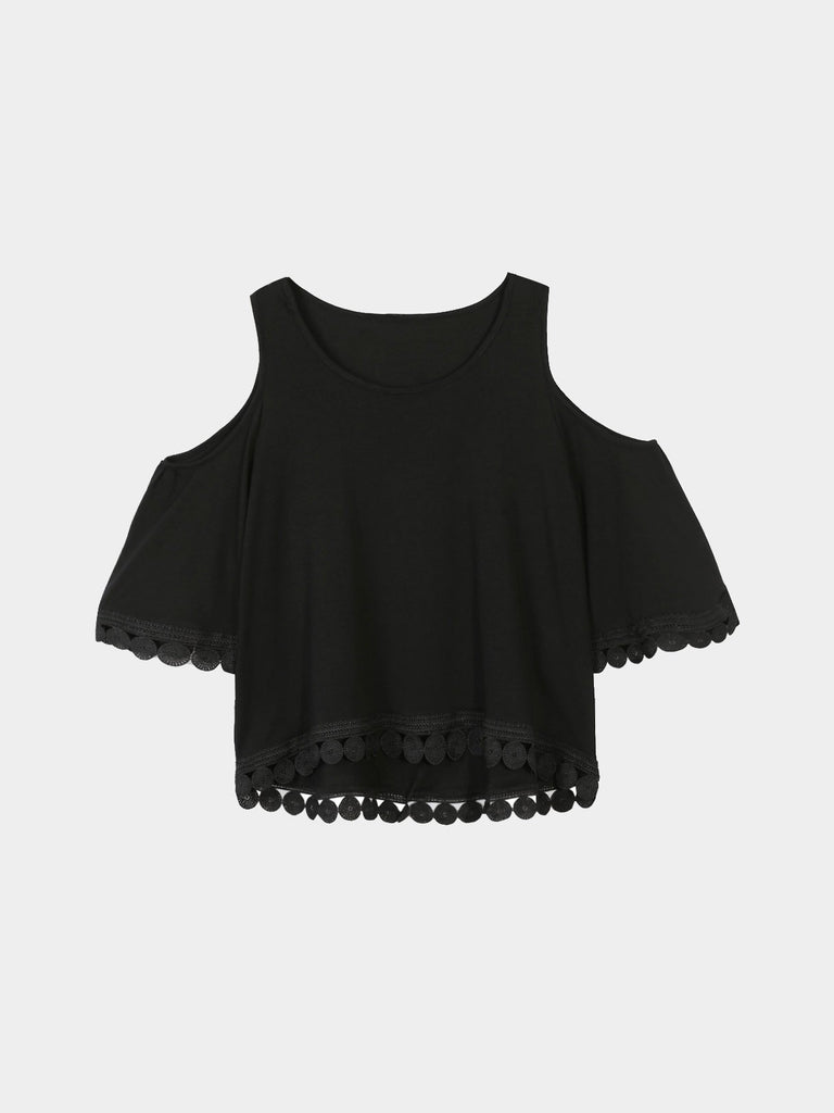 Round Neck Cold Shoulder Half Sleeve Black Blouses