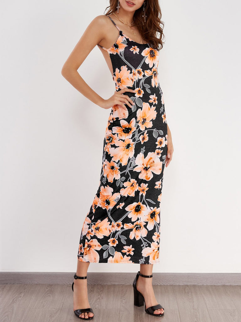 Scoop Neck Sleeveless Floral Print Backless Slit Hem Maxi Dresses