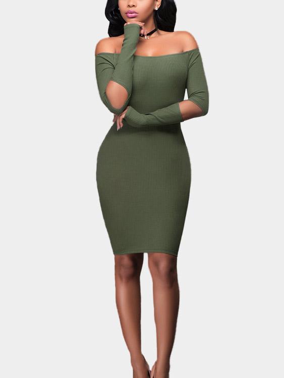 Army Green Bateau Off The Shoulder Long Sleeve Hollow Mini Dress