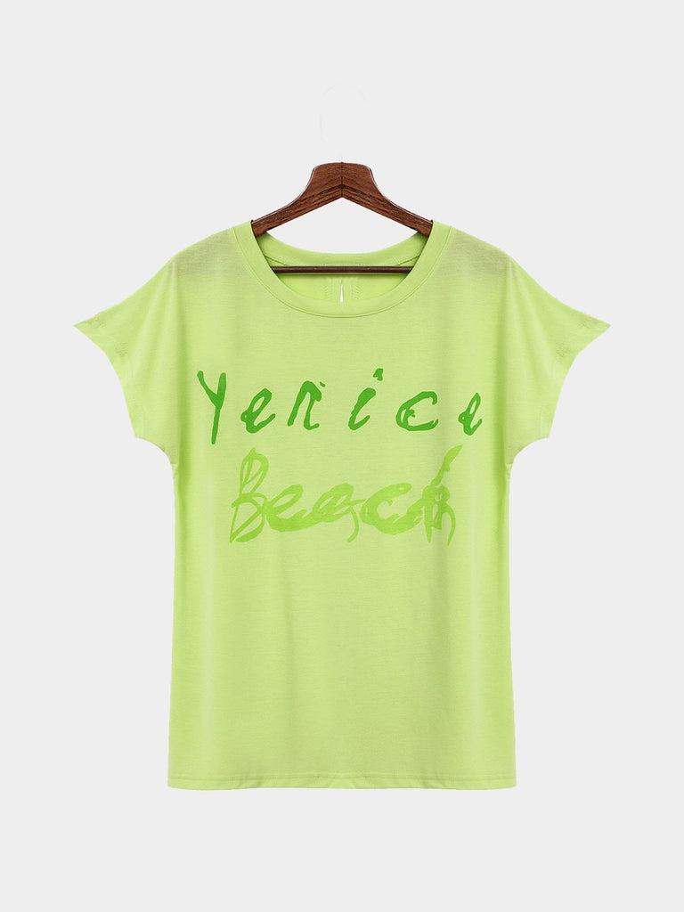 Round Neck Letter Green T-Shirts