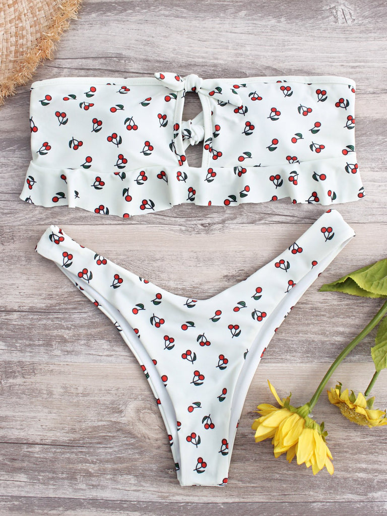 White Bateau Sleeveless Floral Print Backless Hollow Self-Tie Bikini Sets