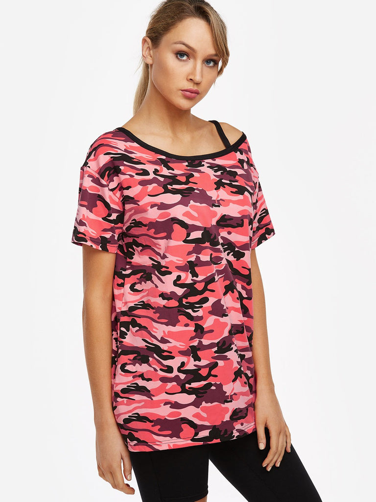 Crew Neck Cold Shoulder Camouflage Cut Out Short Sleeve Red T-Shirts