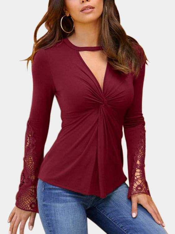 Lace Insert Twist Knot Design V-Neck Long Sleeves Top