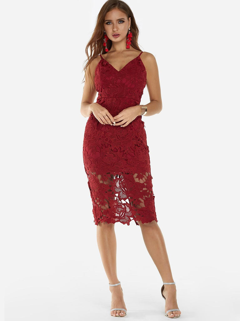 Burgundy V-Neck Sleeveless Lace Backless Slit Spaghetti Strap Midi Dress