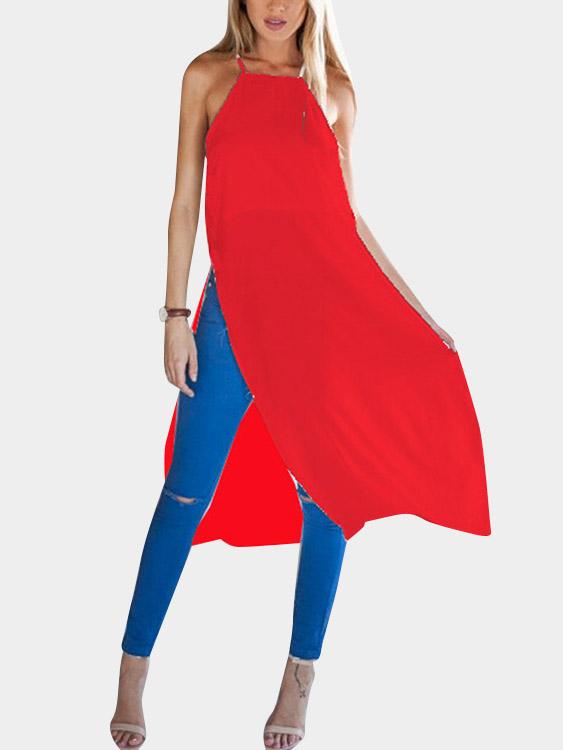 Red Sleeveless Slit Hem Midi Dress