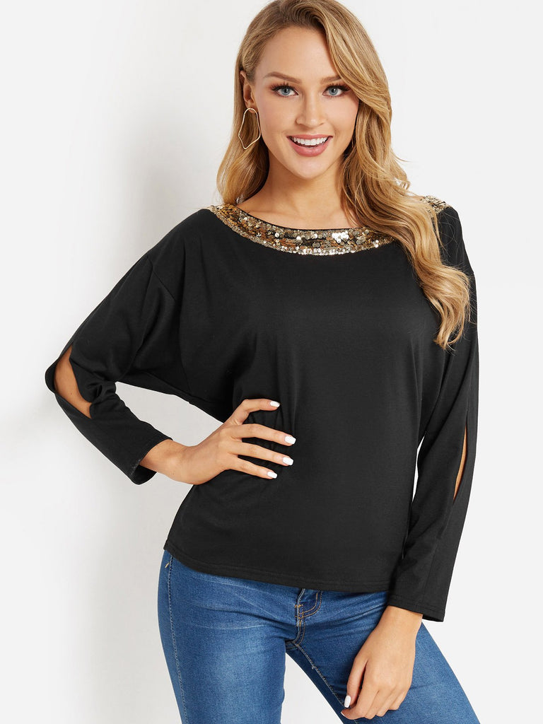 Round Neck Plain Cut Out Sequins Embellished Long Sleeve Black Top
