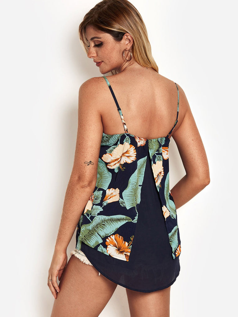 V-Neck Floral Print Slit Sleeveless Navy Camis