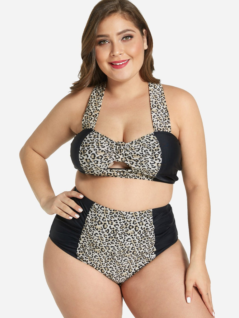 Leopard Self-Tie Sleeveless Plus Size Swimwear