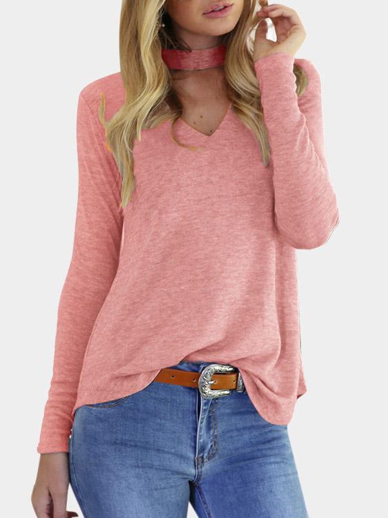 V-Neck Long Sleeve Pink T-Shirts