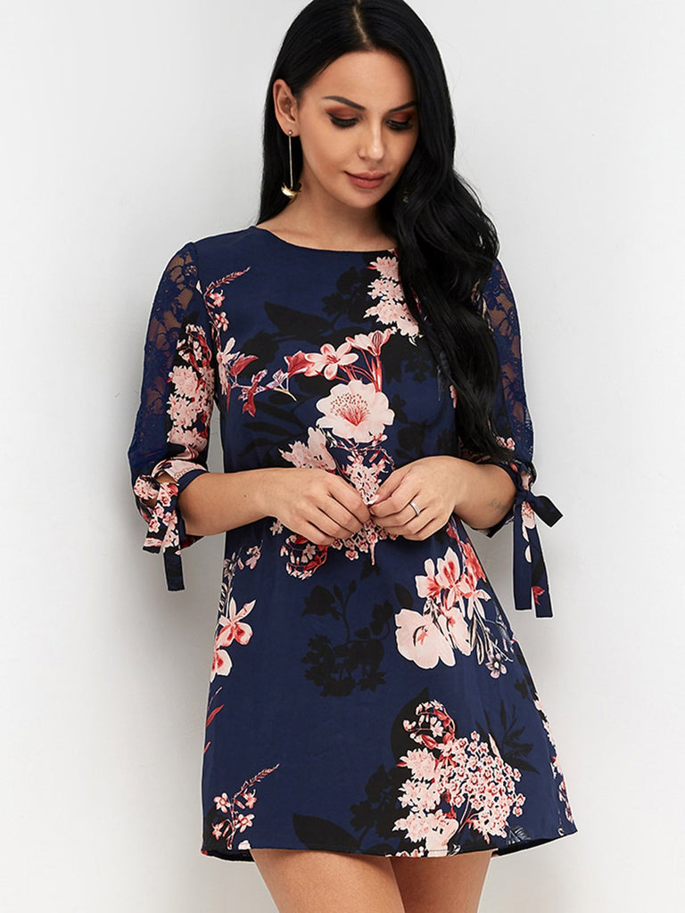 Navy Round Neck 3/4 Sleeve Length Floral Print Lace See Through Self-Tie Mini Dresses